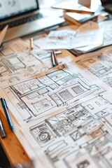 A drawing of a website design, hand-drawn UI layout