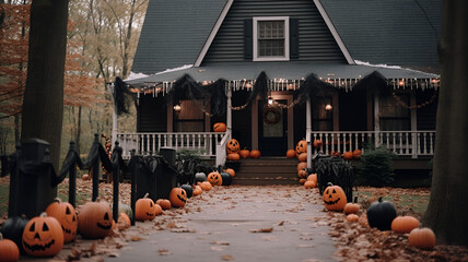 Fototapeta na wymiar A house decorated for Halloween with pumpkins and autumn leaves.