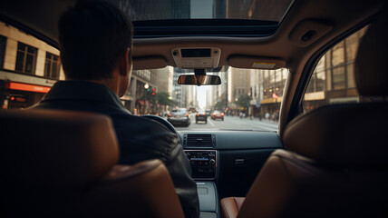 View from the backseat of a car, focused on the driver and bustling city street ahead.