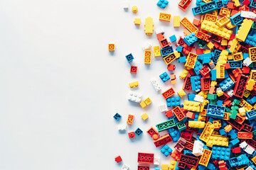 White background, white space in the center of picture. A pile of colorful Lego blocks scattered all over the place. The lego bricks of different shapes and sizes to show diversity. 