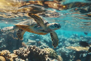 Sea turtle swimming in coral reef underwater.