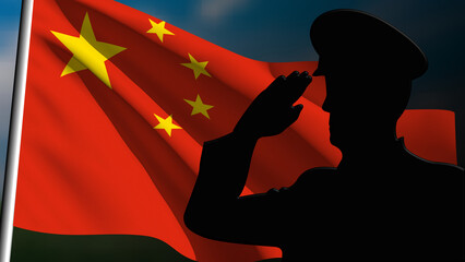 The silhouette of a soldier salutes the China flag