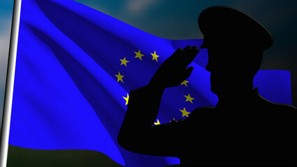 The silhouette of a soldier salutes the Europe flag