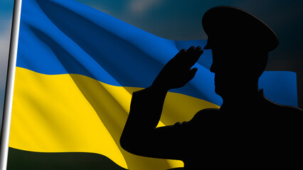 The silhouette of a soldier salutes the Ukrainian flag