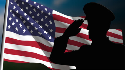 The silhouette of a soldier salutes the USA flag
