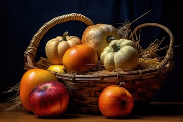 Autumn Harvest Still Life: Pumpkins, Apples and Dried Leaves