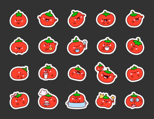 Cute kawaii tomato character. Sticker Bookmark. Happy vegetable cartoon food. Hand drawn style. Vector drawing. Collection of design elements.