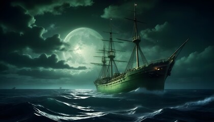 Photo with a more photorealistic depiction of the Bermuda Triangle under a dark, moonlit sky. The scene is intensely vivid, with enhanced realism in the textures and lighting. Eerie green hues dominat - obrazy, fototapety, plakaty