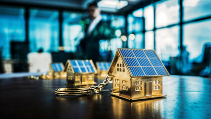 Golden keychains with solar panels on a stylish real estate office desk, symbolizing the integration of sustainable living into the modern corporate world. - obrazy, fototapety, plakaty