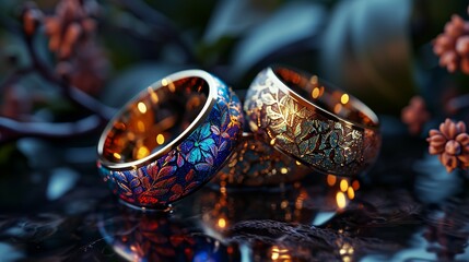 Elegant Handcrafted Couple Rings with Intricate Leaf Patterns and Radiant Glow, Perfect Symbol of Eternal Love and Unity