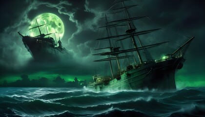 Photo with a more photorealistic depiction of the Bermuda Triangle under a dark, moonlit sky. The scene is intensely vivid, with enhanced realism in the textures and lighting. Eerie green hues dominat
