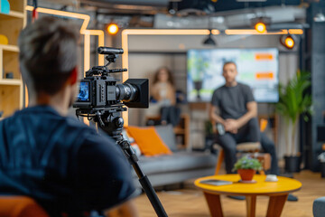 a man being interviewed in front of the camera, sitting on sofa and talking to host while behind him there is an professional video engineer shooting with his cinema camera on tripod 