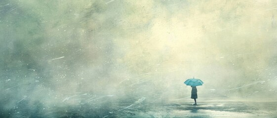 An individual stands in the rain, holding a blue umbrella to shield themselves from the downpour - obrazy, fototapety, plakaty