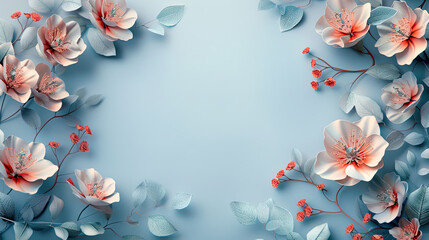 abstract red and white flowers  over blue  background with area for text in  the center