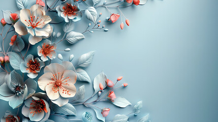 abstract red and white flowers over blue background with area for text to the right