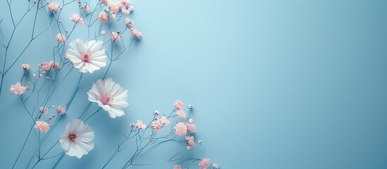 pink flowers and thin steams on a blue. With area for text or images to the right.