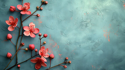 pink background with flowers and  blooms over blue plaster wall background. With area for text or images to the right.