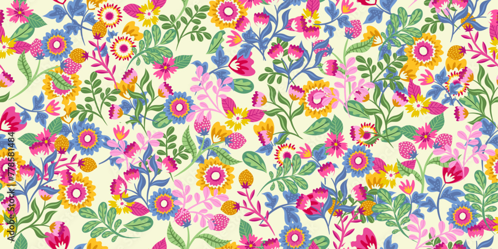 Poster Floral pattern from various plants and flower buds. Multi-colored bright pattern in vector.