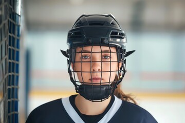 Portrait of a focused young woman wearing ice hockey gear and helmet with a visor