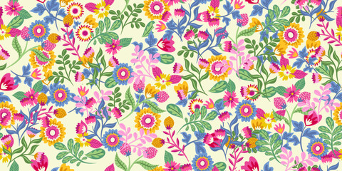 Floral pattern from various plants and flower buds. Multi-colored bright pattern in vector.