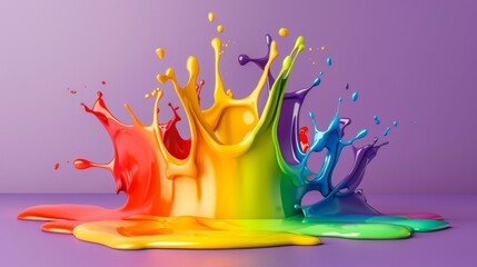 Various vibrant paint splashes collide and overlap on a soft purple background, creating a dynamic and colorful composition