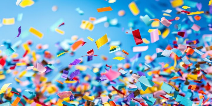 A bunch of vibrant confetti scattered on a bright blue background, creating a festive and celebratory atmosphere