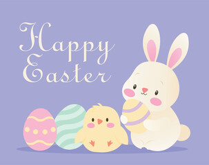 Cute Easter card with illustrations of a bunny, chick and Easter eggs. Happy Easter inscription.