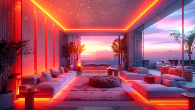 Modern living room with cozy colorful lighting. seamless looping 4k time-lapse video background