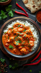 Tikka masala, Delicious food style, Horizontal top view from above