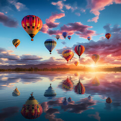 A group of colorful hot air balloons against a sunset - obrazy, fototapety, plakaty