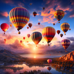 A group of colorful hot air balloons against a sunset