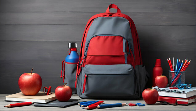 Backpack with school red and blue stationery supplies, notebooks pencils scissors with red apple on grey.generative.ai