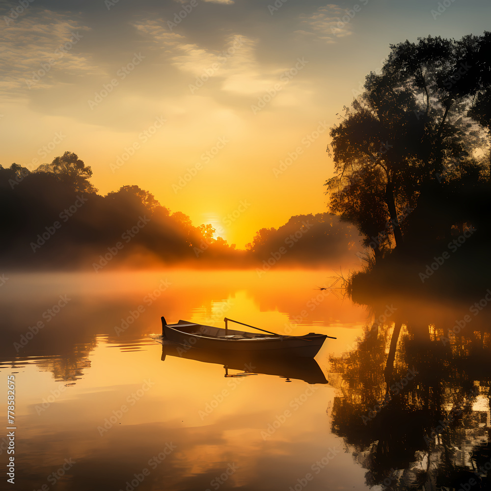 Wall mural A lone boat on a misty river at sunrise.