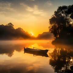 A lone boat on a misty river at sunrise.