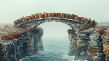 In the artwork, a simple bridge of books links two cliffs, symbolizing the bond between wisdom and advancement. - obrazy, fototapety, plakaty