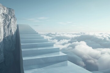 Ascending a minimalist staircase in the clouds, virtues of leadership guide the journey to higher standards of excellence. - obrazy, fototapety, plakaty