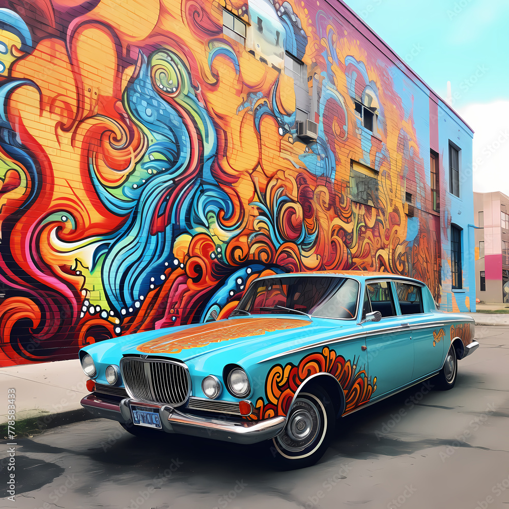 Wall mural a retro car parked in front of a vibrant street mural