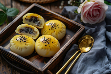 Chinese style oil pastries, small round steamed buns with yellow glaze and black seeds on top cut in half to reveal the chocolate filling inside, placed neatly together and arranged beautifully on a d