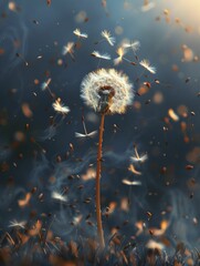 A lone dandelion bravely faces the wind, its seeds scattered to signify the unfurling of ideas and the promise of fresh beginnings.