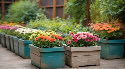 Fototapeta na wymiar Green plants in boxes. Colorful chrysanthemum flowers in garden. Daisy flowers in pots. Outdoor flower pots with flowers and plants .generative.ai