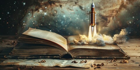An open book with a rocket launching from its pages, symbolizing the launch of visionary projects fueled by knowledge and inspiration.