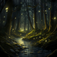 A swarm of fireflies in a moonlit forest.