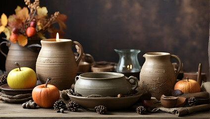 Rustic table setting for Thanksgiving Day: pottery, vintage appl.generative.ai