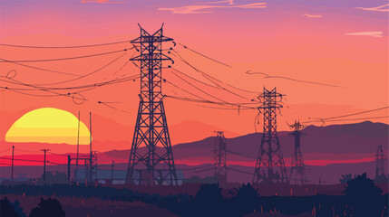 High voltage transmission towers. Beautiful landsca - obrazy, fototapety, plakaty