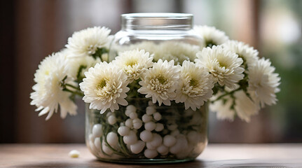 Fototapeta na wymiar White chrysanthemum flowers on a jar as decoration, with a blurry background.generative.ai