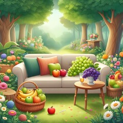 User
five plats five chair one house in the sofa sat eid day cpachei dabal bed in the garden inone table on the a basket full of the grapes, apple , ctarbe an