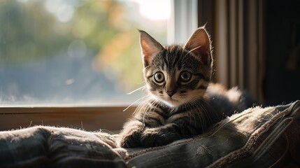 Sunlit Portrait of a Fluffy Tabby Kitten Resting on a Soft Blanket by the Window, Showcasing Detailed Fur Pattern
