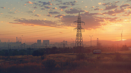 Highvoltage line, high Hackel tower and city landscape at sunset with beautiful sky. Energy technology concept in the field near urban area on background. 