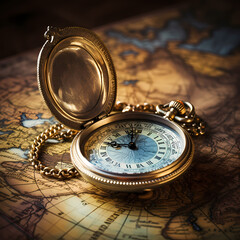 Antique pocket watch against a weathered map.