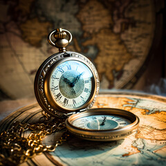 Antique pocket watch against a weathered map.
